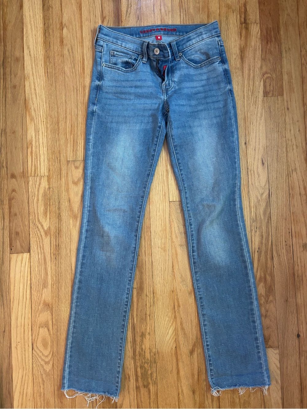 Lucky Mid-rise Sweet Straight, frayed hem jeans, size 0/25